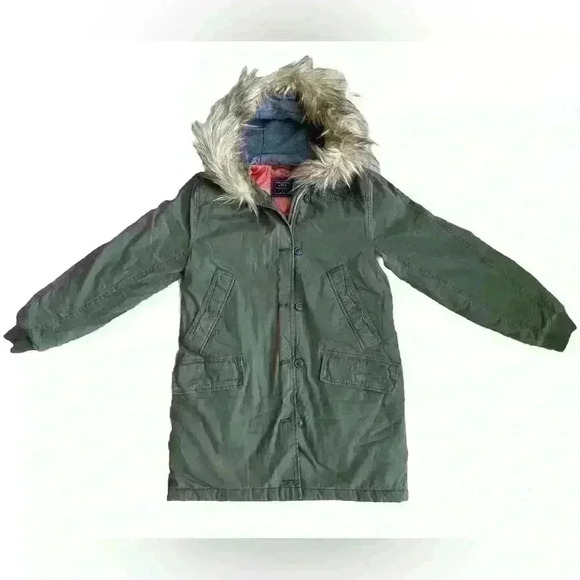 Abercrombie & Fitch Womens Olive Faux Fur Hooded Parka Military Jacket Small - Picture 1 of 12